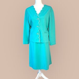1960s Teal Skirt Suit White Trim Mod Jackie O Mad Men Vintage Set